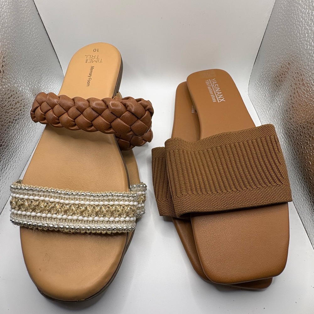2 Pair Slide Sandals Size 10 Brown Braided Beaded + Knit Summer Shoes